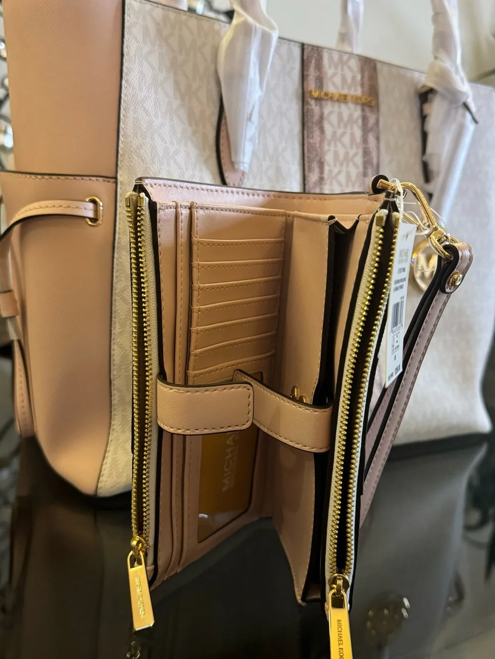 Michael Kors Cream and Brown Logo Wristlet and Clutch Set